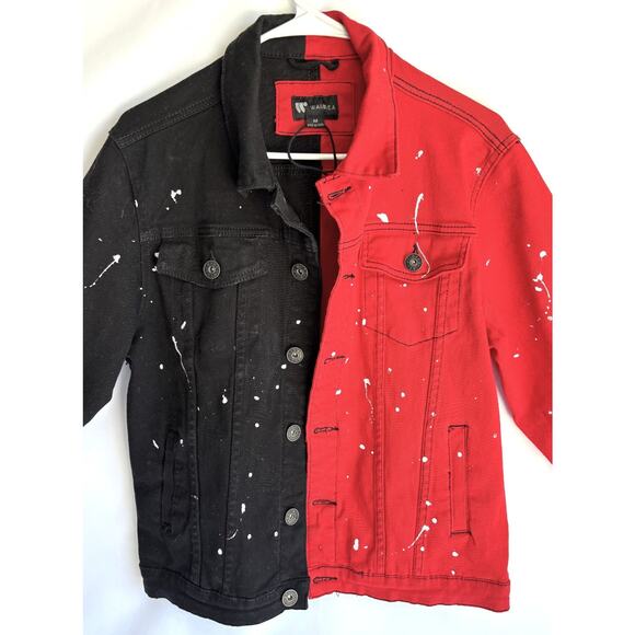 Waimea Red and Black Jean Jacket White Paint Splatter Size Medium NWOT - Picture 2 of 7